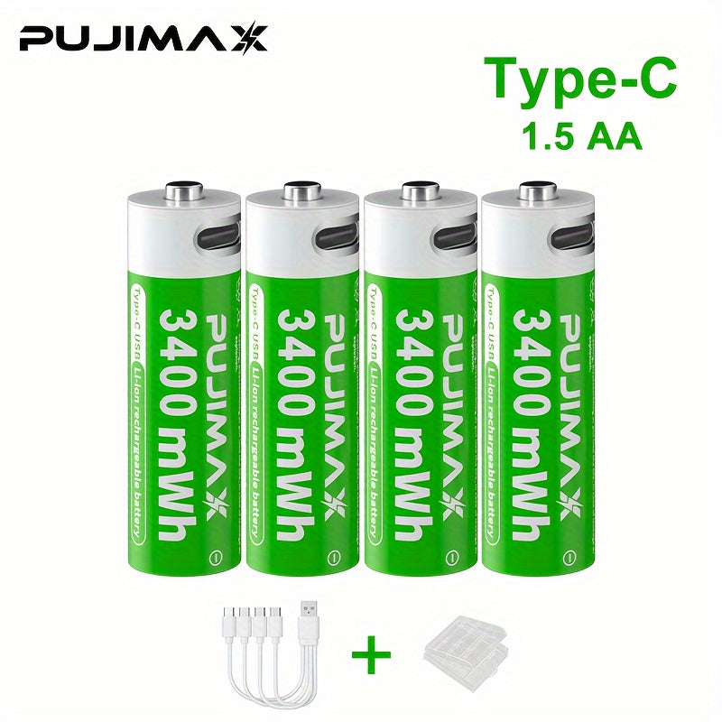 PUJIMAX 1. 5V AA 3400mWh Rechargeable Batteries, 2pcs/4pcs/8pcs Set, Fast Type-C Charging, Long-Lasting Power for Electronics, Rechargeable Electronics | Green Battery Design | Durable Battery, PUJIMAX