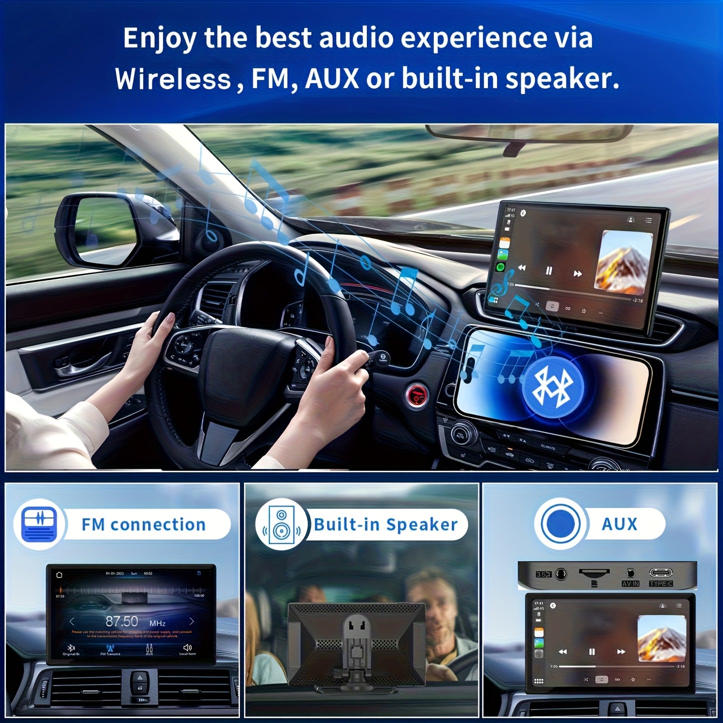9inch Portable Wireless Carplay Car Stereo, 7" HD Touchscreen for Car with CarPlay & Android Auto with Mirror Link/Backup Camera/Wireless/Navigation/AUX for All Vehicles