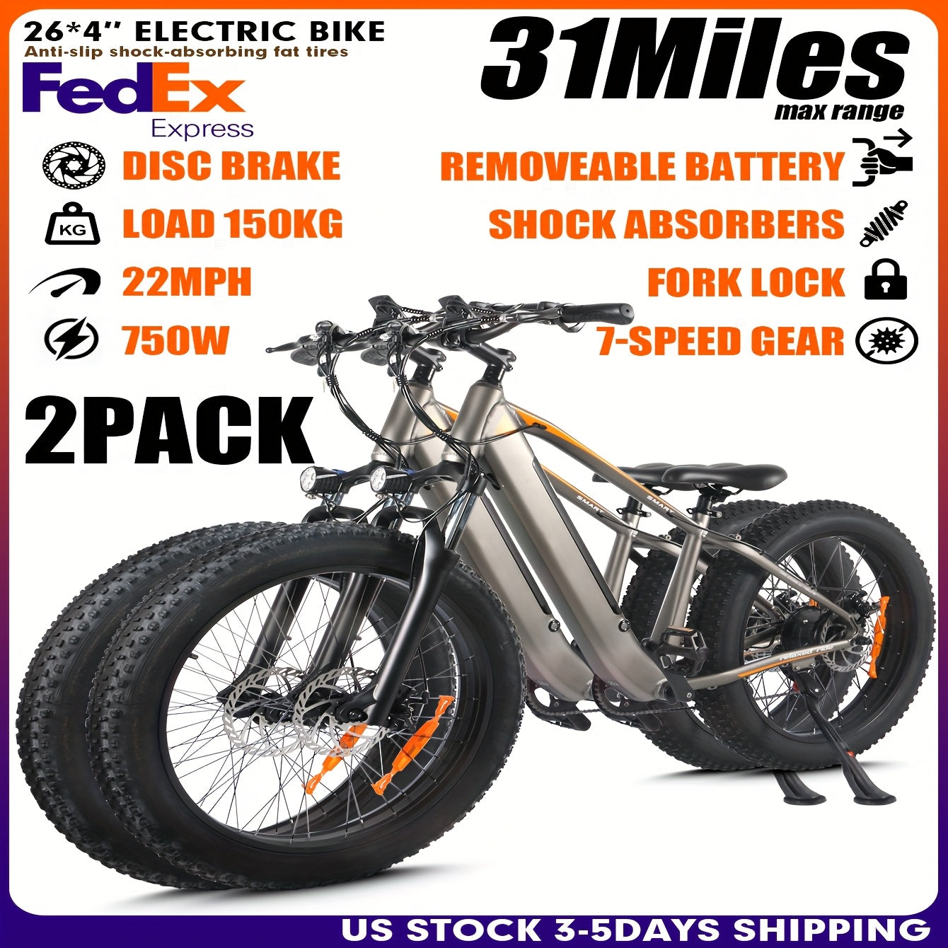 1/2 Packs Electric Bicycles, 740W Peak Brushless Motor, Adult Electric Bicycle With Full Suspension, 48V 13Ah Large Battery, Range 50-80km, 26 Inch X4.0 Fat Tire Electric Bicycle For Snow, Mountain, Sand, Road Cycling, Easter