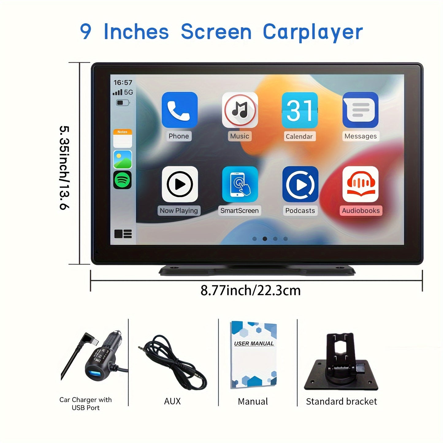 9inch Portable Wireless Carplay Car Stereo, 7" HD Touchscreen for Car with CarPlay & Android Auto with Mirror Link/Backup Camera/Wireless/Navigation/AUX for All Vehicles