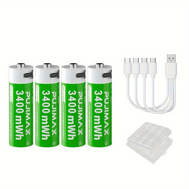PUJIMAX 1. 5V AA 3400mWh Rechargeable Batteries, 2pcs/4pcs/8pcs Set, Fast Type-C Charging, Long-Lasting Power for Electronics, Rechargeable Electronics | Green Battery Design | Durable Battery, PUJIMAX
