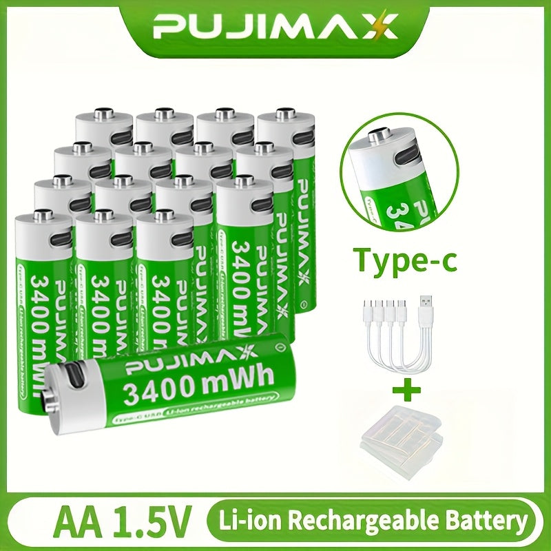 PUJIMAX 1. 5V AA 3400mWh Rechargeable Batteries, 2pcs/4pcs/8pcs Set, Fast Type-C Charging, Long-Lasting Power for Electronics, Rechargeable Electronics | Green Battery Design | Durable Battery, PUJIMAX