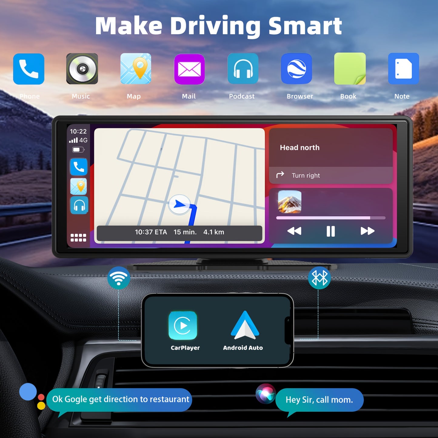 9inch Portable Wireless Carplay Car Stereo, 7" HD Touchscreen for Car with CarPlay & Android Auto with Mirror Link/Backup Camera/Wireless/Navigation/AUX for All Vehicles