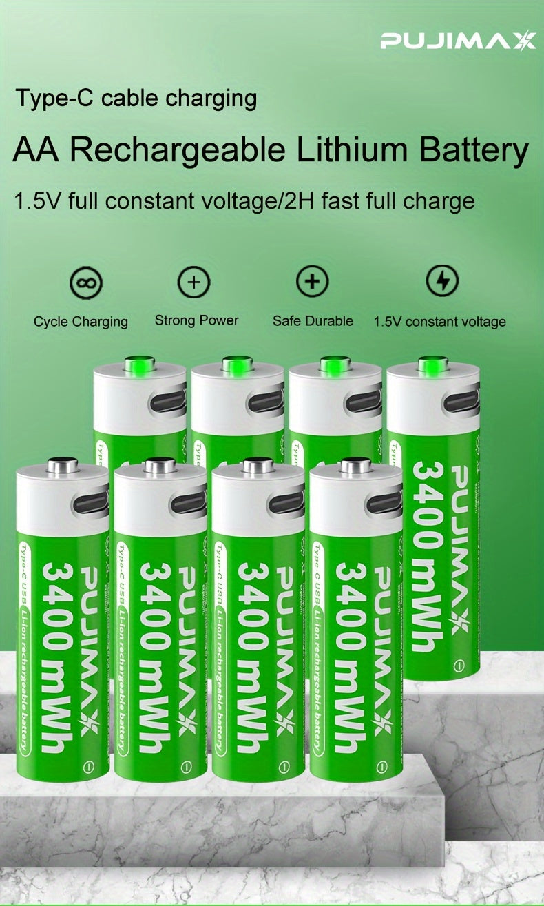 PUJIMAX 1. 5V AA 3400mWh Rechargeable Batteries, 2pcs/4pcs/8pcs Set, Fast Type-C Charging, Long-Lasting Power for Electronics, Rechargeable Electronics | Green Battery Design | Durable Battery, PUJIMAX