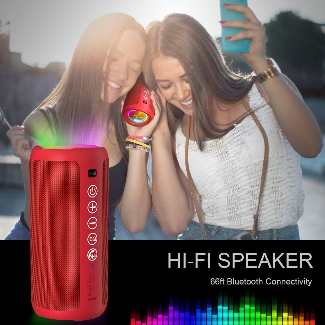 Ortizan Portable Bluetooth Speaker: IPX7 Waterproof, 24W Loud Sound, Deep Bass, Bluetooth 5.3, LED Lights, Wireless Stereo Pairing, 30H Playtime, for Home/Outdoor/Party/Beach, Birthday Gift (Black)