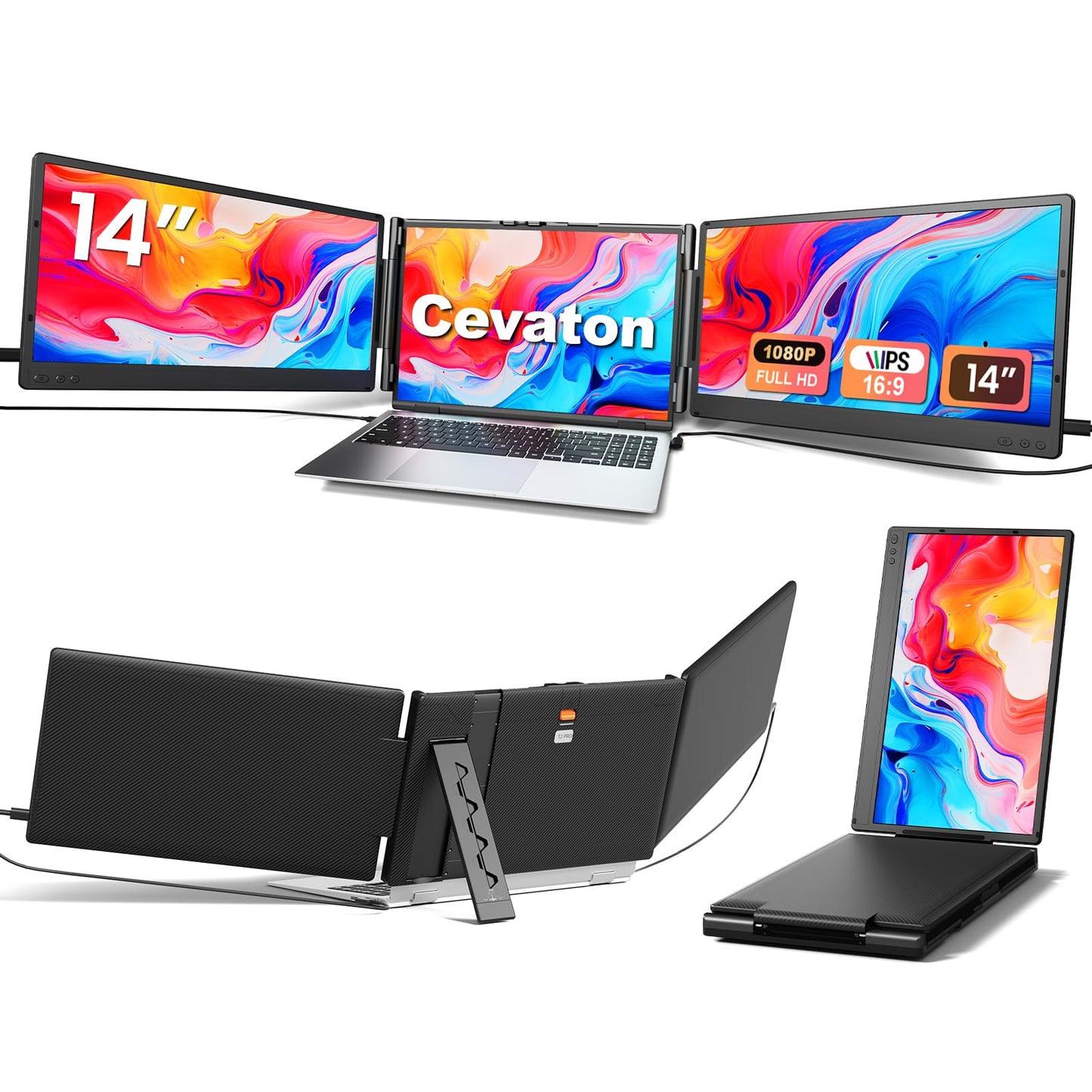 Laptop Screen Extender, 14" FHD 1080P Triple Portable Monitor, Plug & Play Screen Extender, Auto Adjust Width Dual Monitor for 13" - 17.3" Laptops, Compatible for MacOS/Wins/Chrome/Dex