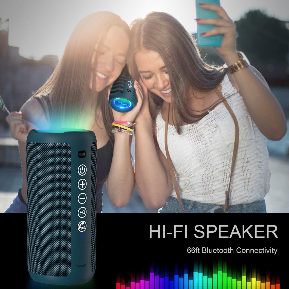 Ortizan Portable Bluetooth Speaker: IPX7 Waterproof, 24W Loud Sound, Deep Bass, Bluetooth 5.3, LED Lights, Wireless Stereo Pairing, 30H Playtime, for Home/Outdoor/Party/Beach, Birthday Gift (Black)