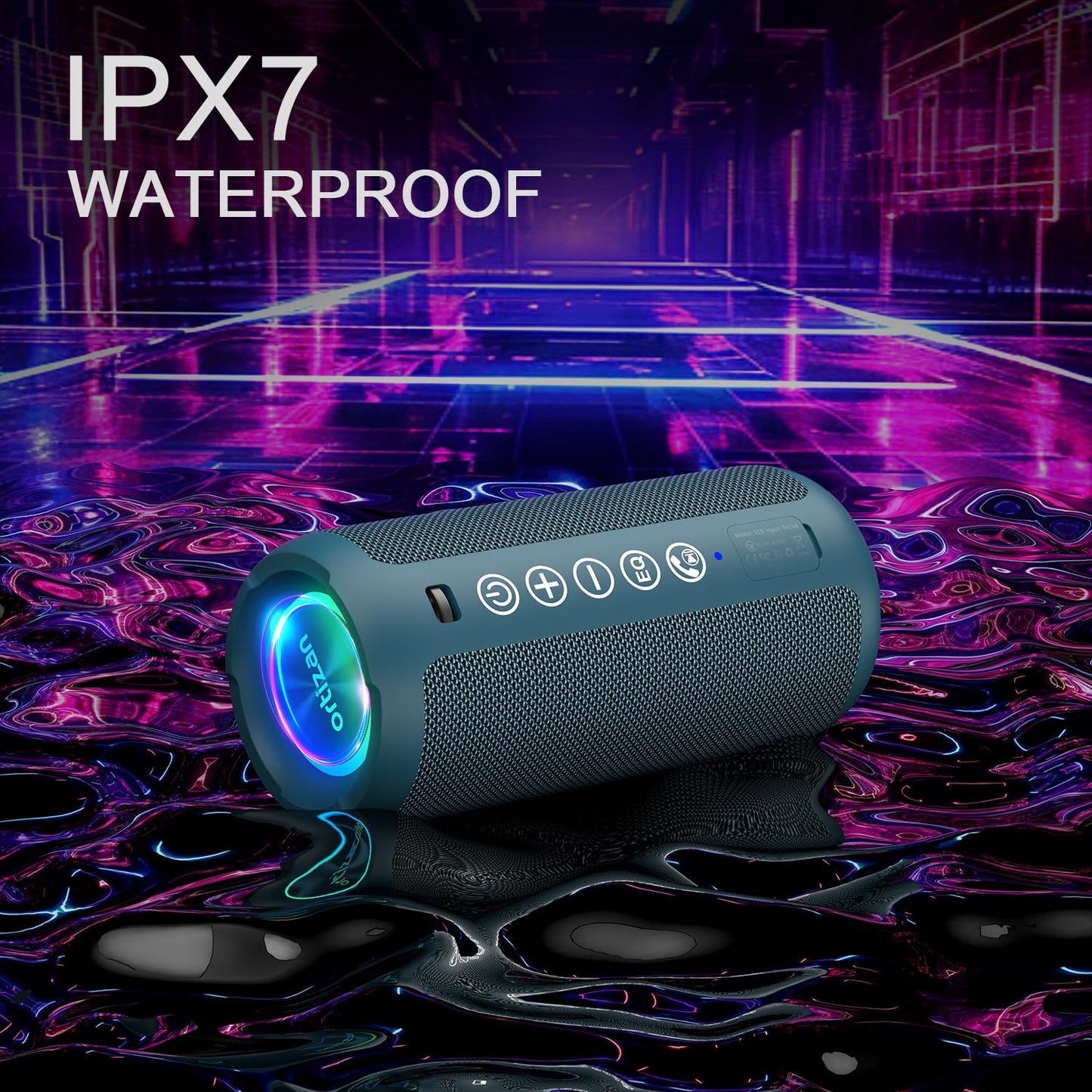 Ortizan Portable Bluetooth Speaker: IPX7 Waterproof, 24W Loud Sound, Deep Bass, Bluetooth 5.3, LED Lights, Wireless Stereo Pairing, 30H Playtime, for Home/Outdoor/Party/Beach, Birthday Gift (Black)