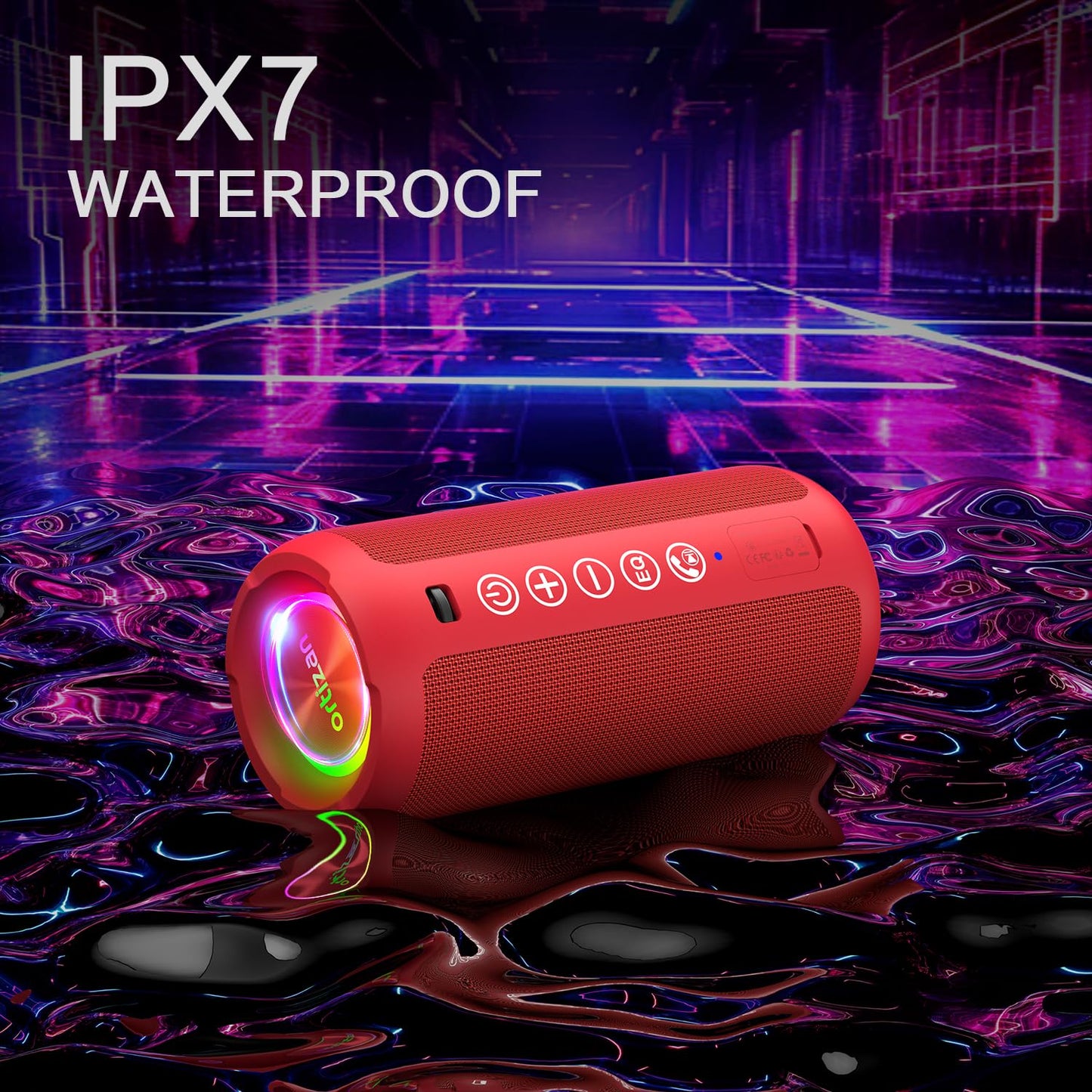 Ortizan Portable Bluetooth Speaker: IPX7 Waterproof, 24W Loud Sound, Deep Bass, Bluetooth 5.3, LED Lights, Wireless Stereo Pairing, 30H Playtime, for Home/Outdoor/Party/Beach, Birthday Gift (Black)