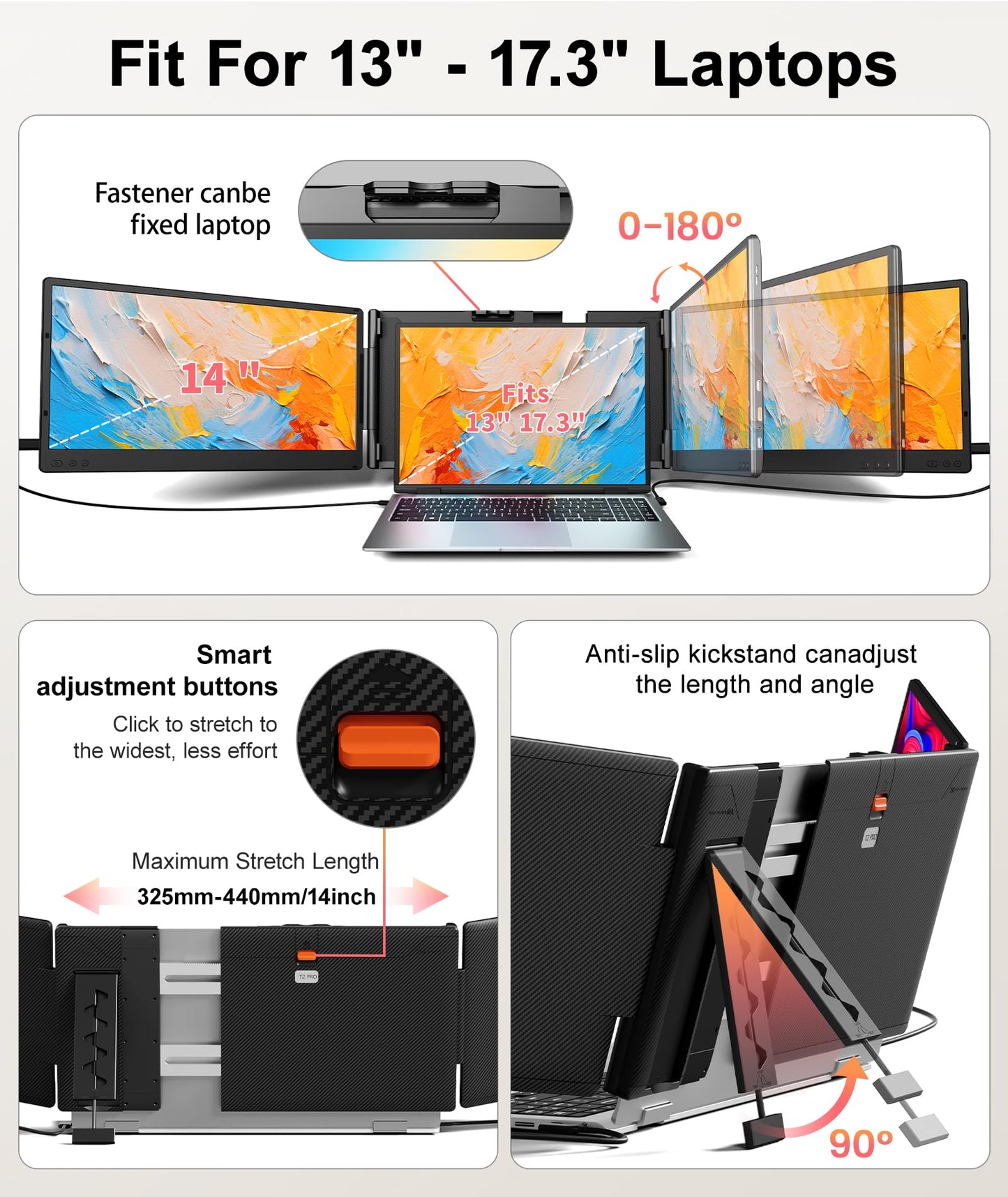 Laptop Screen Extender, 14" FHD 1080P Triple Portable Monitor, Plug & Play Screen Extender, Auto Adjust Width Dual Monitor for 13" - 17.3" Laptops, Compatible for MacOS/Wins/Chrome/Dex