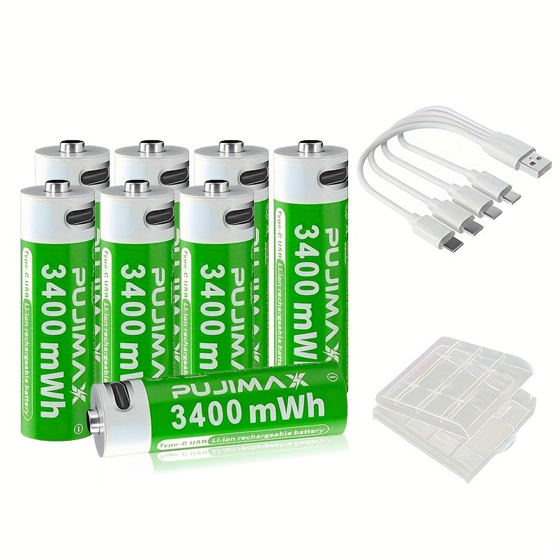 PUJIMAX 1. 5V AA 3400mWh Rechargeable Batteries, 2pcs/4pcs/8pcs Set, Fast Type-C Charging, Long-Lasting Power for Electronics, Rechargeable Electronics | Green Battery Design | Durable Battery, PUJIMAX