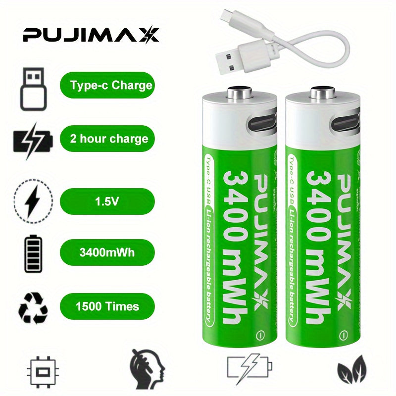 PUJIMAX 1. 5V AA 3400mWh Rechargeable Batteries, 2pcs/4pcs/8pcs Set, Fast Type-C Charging, Long-Lasting Power for Electronics, Rechargeable Electronics | Green Battery Design | Durable Battery, PUJIMAX