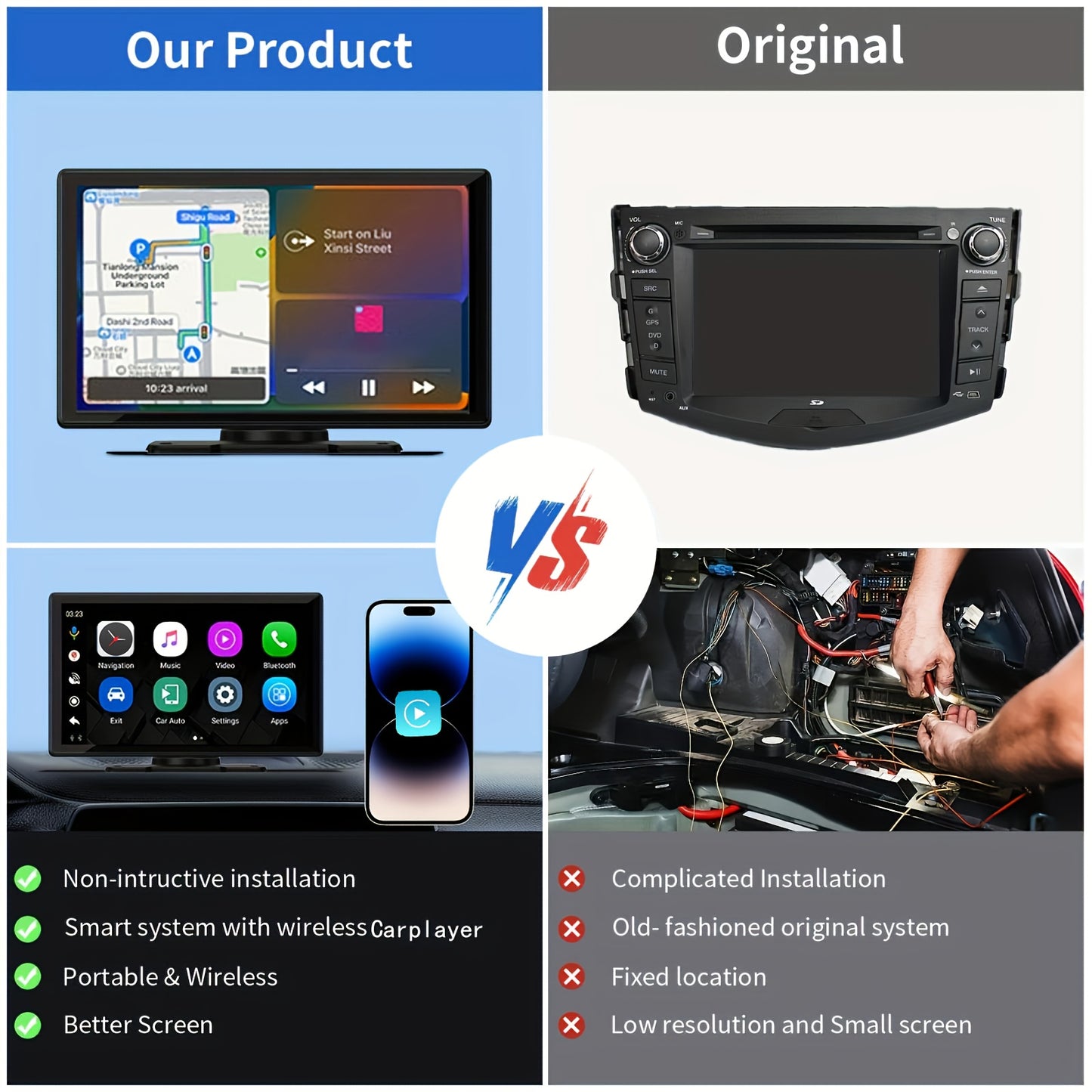 9inch Portable Wireless Carplay Car Stereo, 7" HD Touchscreen for Car with CarPlay & Android Auto with Mirror Link/Backup Camera/Wireless/Navigation/AUX for All Vehicles