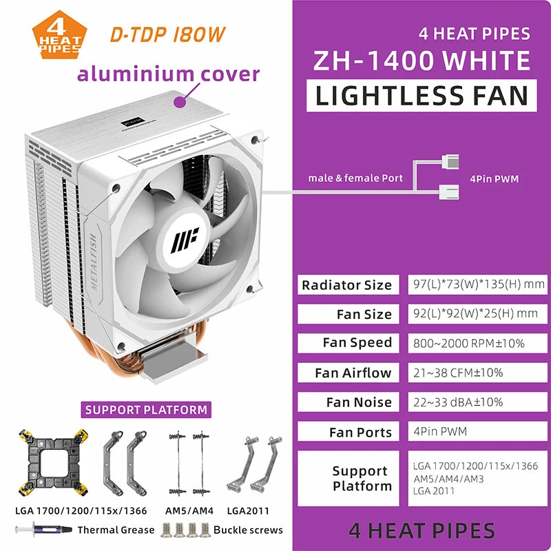 METALFISH ZH1400 CPU Cooler 4 HeatPipes 4PIN PWM Silent ARGB Fan For Intel 1700 1200 115X 1366 2011 AM5 AM4 AM3 x99 x79