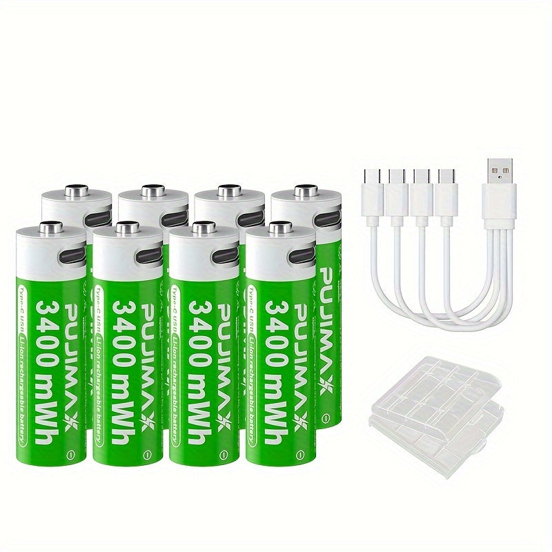 PUJIMAX 1. 5V AA 3400mWh Rechargeable Batteries, 2pcs/4pcs/8pcs Set, Fast Type-C Charging, Long-Lasting Power for Electronics, Rechargeable Electronics | Green Battery Design | Durable Battery, PUJIMAX