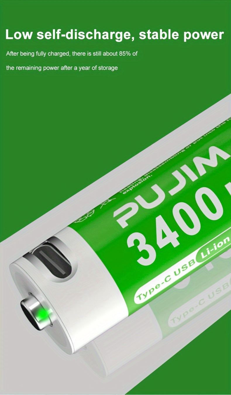 PUJIMAX 1. 5V AA 3400mWh Rechargeable Batteries, 2pcs/4pcs/8pcs Set, Fast Type-C Charging, Long-Lasting Power for Electronics, Rechargeable Electronics | Green Battery Design | Durable Battery, PUJIMAX