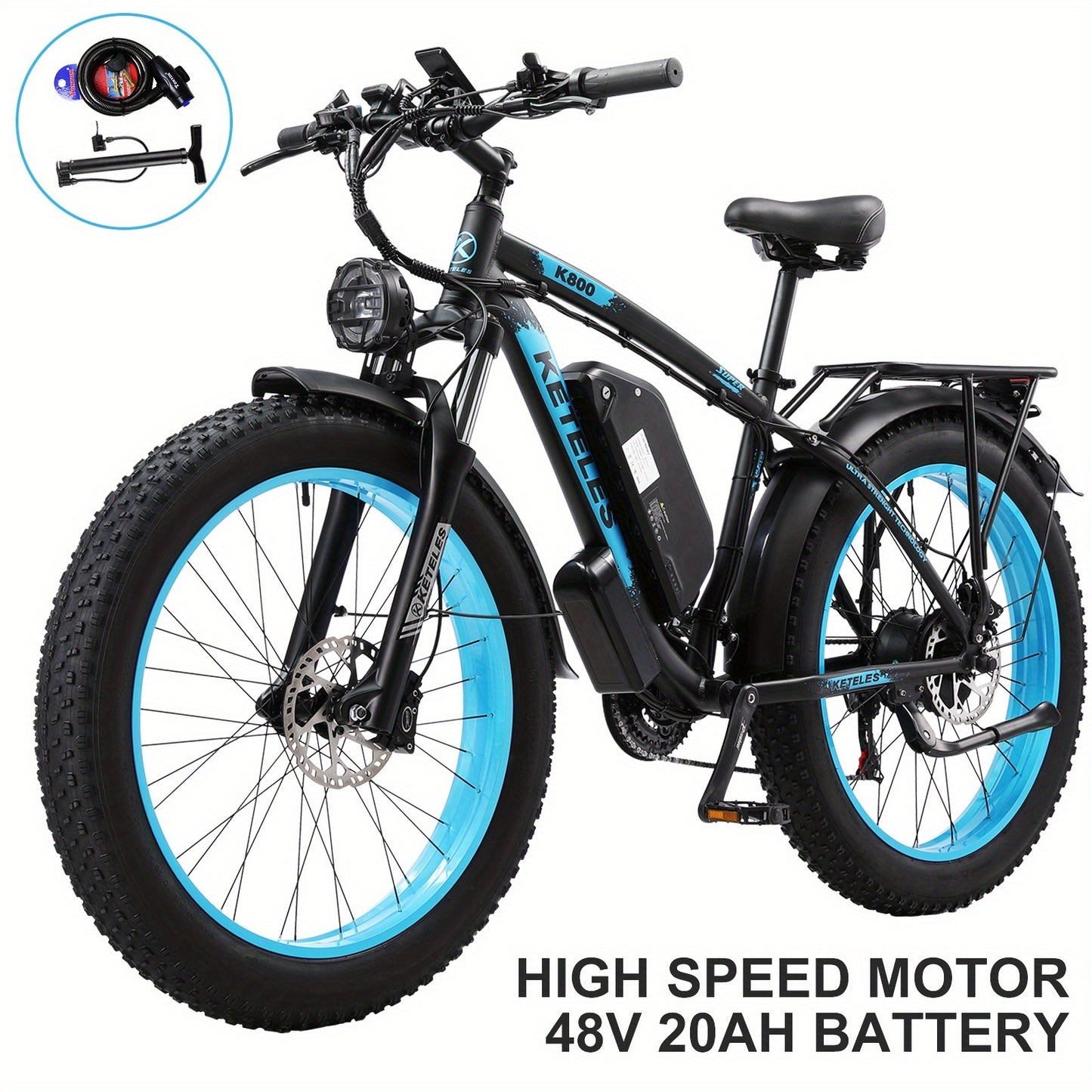 KETELES 26" Adult Electric Bike with 48V 20AH 960Wh Removable Battery, 720W Brushless Motor, 21 Speed Gears, 19.5mph Speed & 50-Mile Range, All-Aluminum Alloy Frame, Front Suspension & Disc Brakes, Black/Blue Accents - Includ