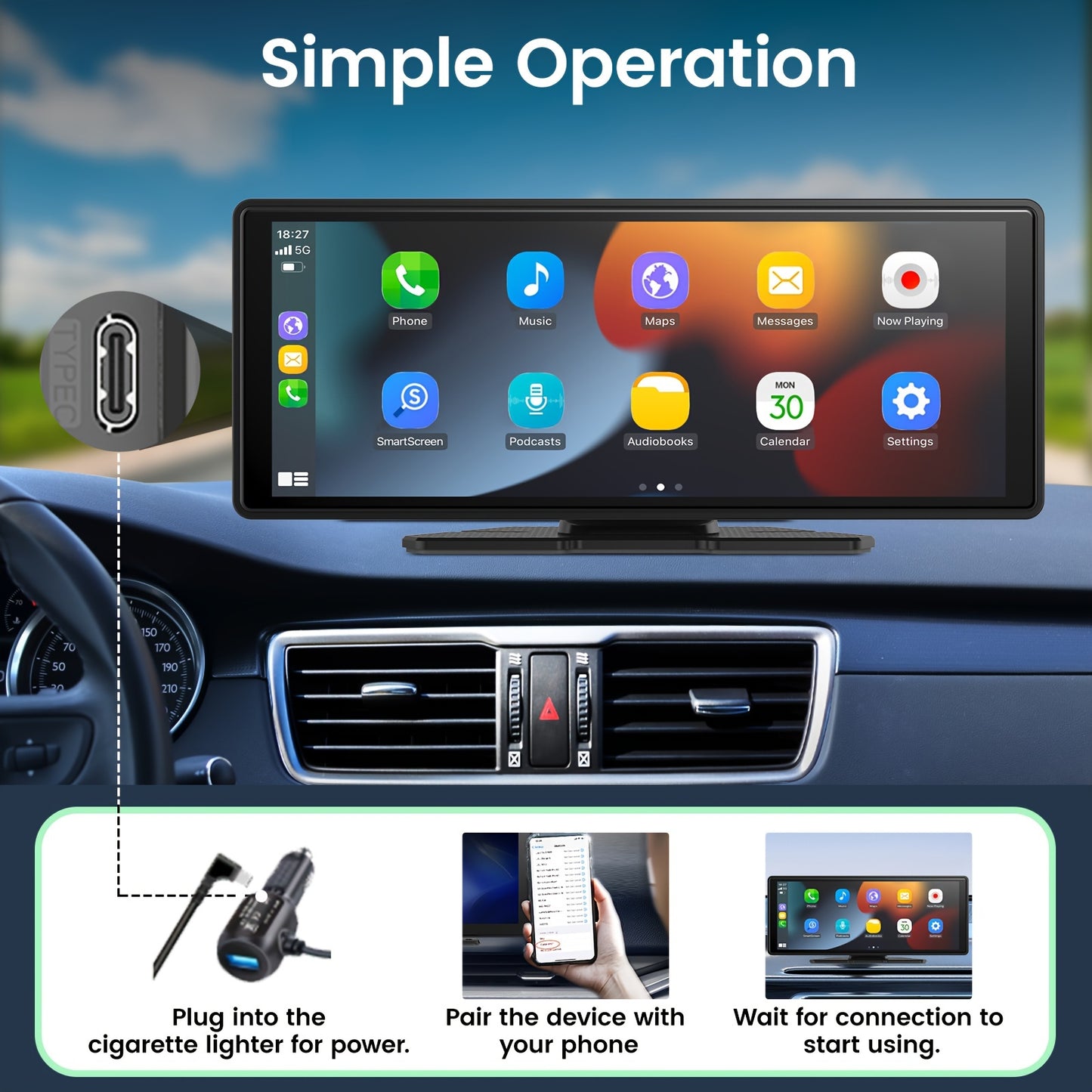 9inch Portable Wireless Carplay Car Stereo, 7" HD Touchscreen for Car with CarPlay & Android Auto with Mirror Link/Backup Camera/Wireless/Navigation/AUX for All Vehicles