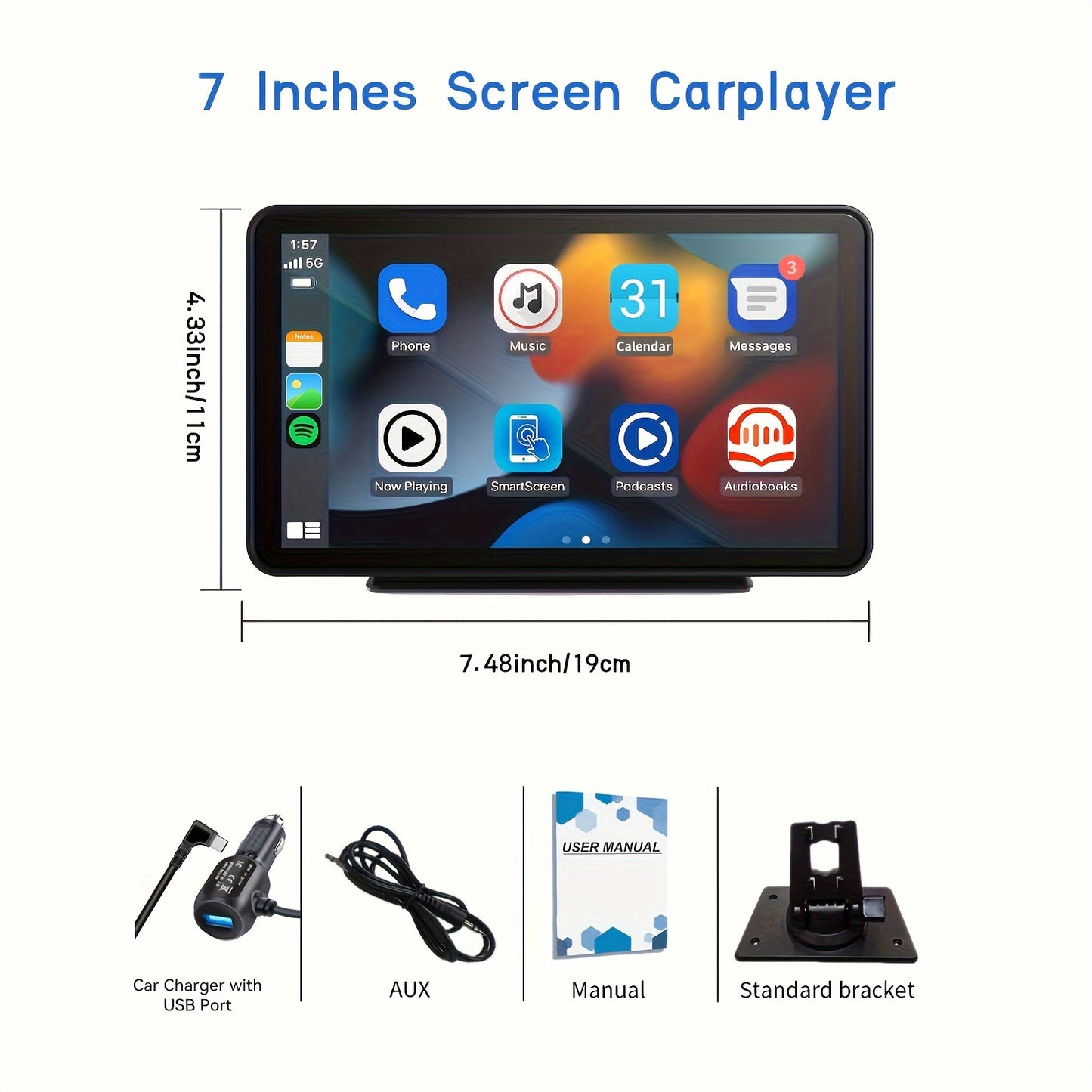 9inch Portable Wireless Carplay Car Stereo, 7" HD Touchscreen for Car with CarPlay & Android Auto with Mirror Link/Backup Camera/Wireless/Navigation/AUX for All Vehicles