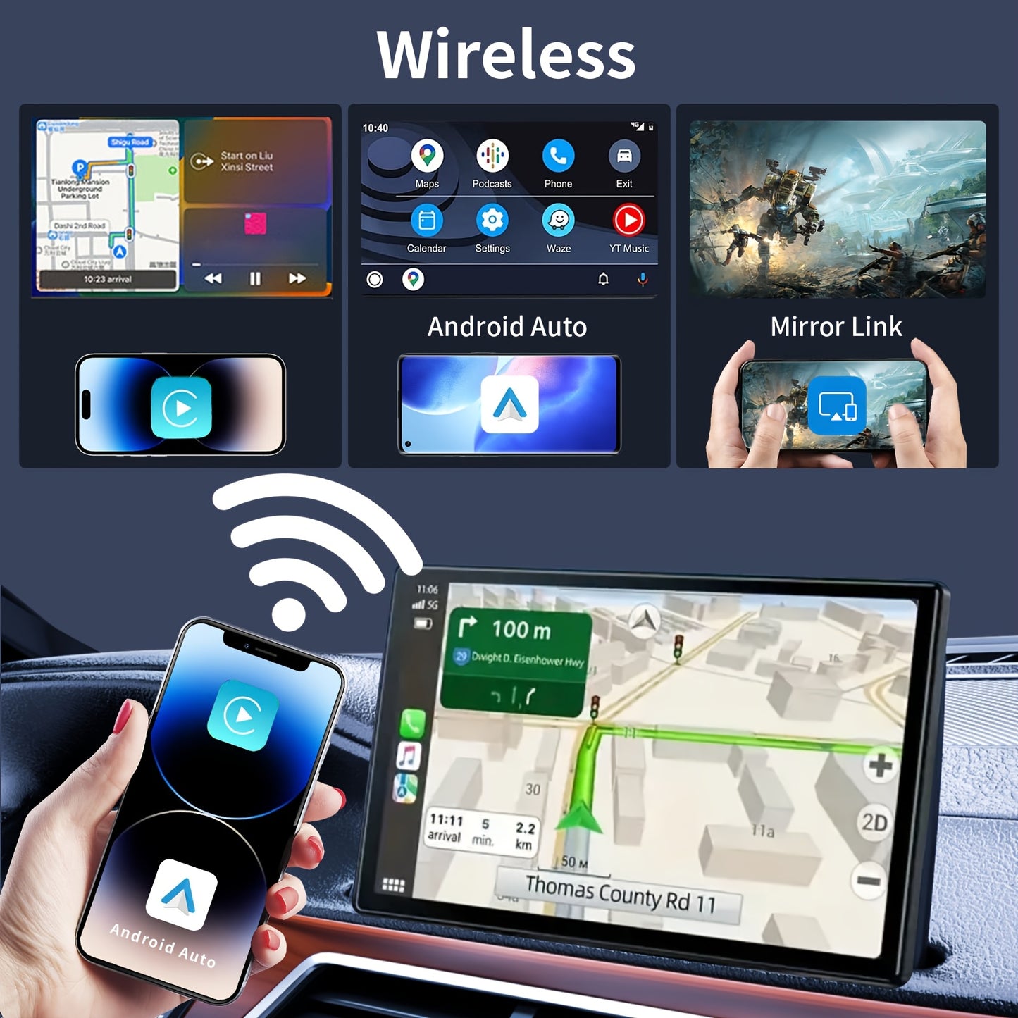 9inch Portable Wireless Carplay Car Stereo, 7" HD Touchscreen for Car with CarPlay & Android Auto with Mirror Link/Backup Camera/Wireless/Navigation/AUX for All Vehicles