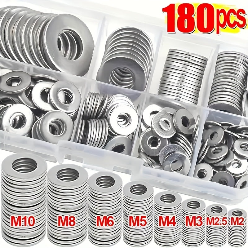 180pcs Stainless Steel Washer Ring Set, Polished Finish, M2-M10 Size, Easy Installation, Durable Material, Suitable For DIY Projects Machinery Electronics, Ideal Choice For Professionals And Enthusiasts