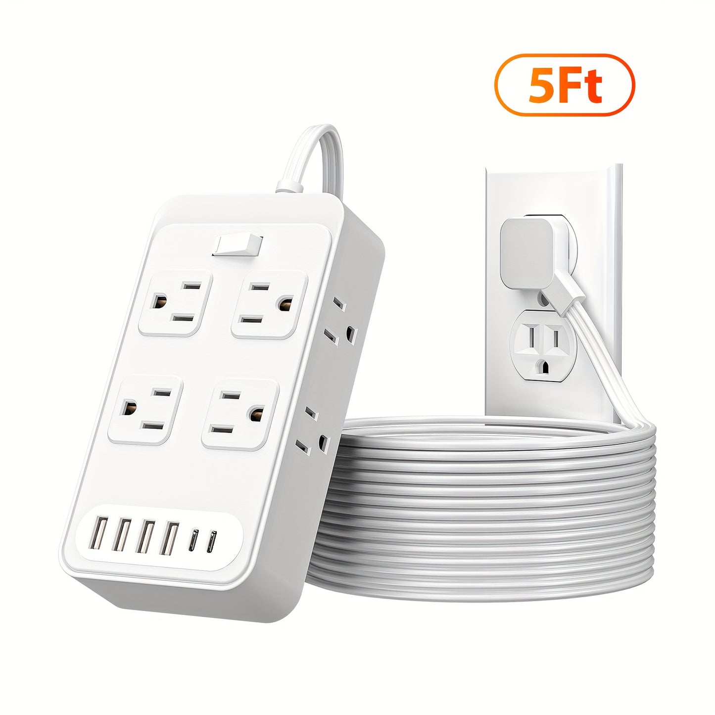 Compact Surge Protector Power Strip with 8 AC Outlets & 6 USB Ports (4 USB A & 2 USB C), 3-Inch Short Extension Cord, 45° Right Angle Flat Head Design for Home, Office, Dorm, and Travel, Dorm Room Organizer | Modern Tech Acc