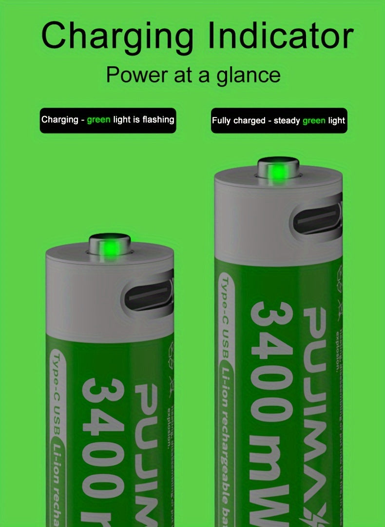PUJIMAX 1. 5V AA 3400mWh Rechargeable Batteries, 2pcs/4pcs/8pcs Set, Fast Type-C Charging, Long-Lasting Power for Electronics, Rechargeable Electronics | Green Battery Design | Durable Battery, PUJIMAX