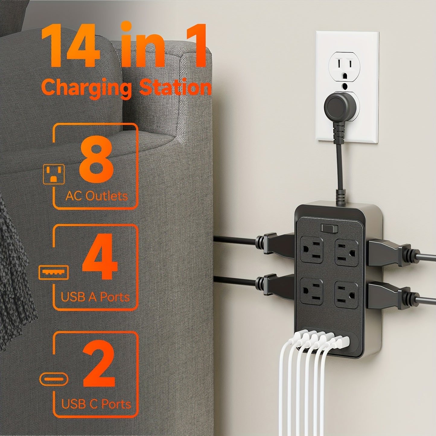 Compact Surge Protector Power Strip with 8 AC Outlets & 6 USB Ports (4 USB A & 2 USB C), 3-Inch Short Extension Cord, 45° Right Angle Flat Head Design for Home, Office, Dorm, and Travel, Dorm Room Organizer | Modern Tech Acc