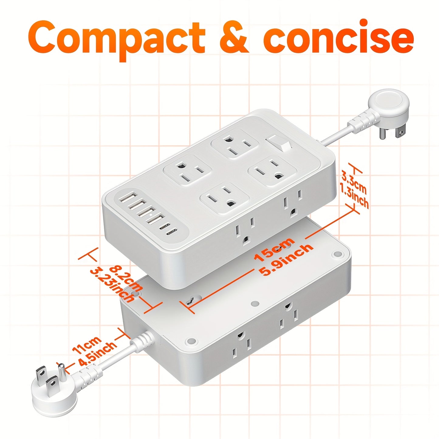 Compact Surge Protector Power Strip with 8 AC Outlets & 6 USB Ports (4 USB A & 2 USB C), 3-Inch Short Extension Cord, 45° Right Angle Flat Head Design for Home, Office, Dorm, and Travel, Dorm Room Organizer | Modern Tech Acc