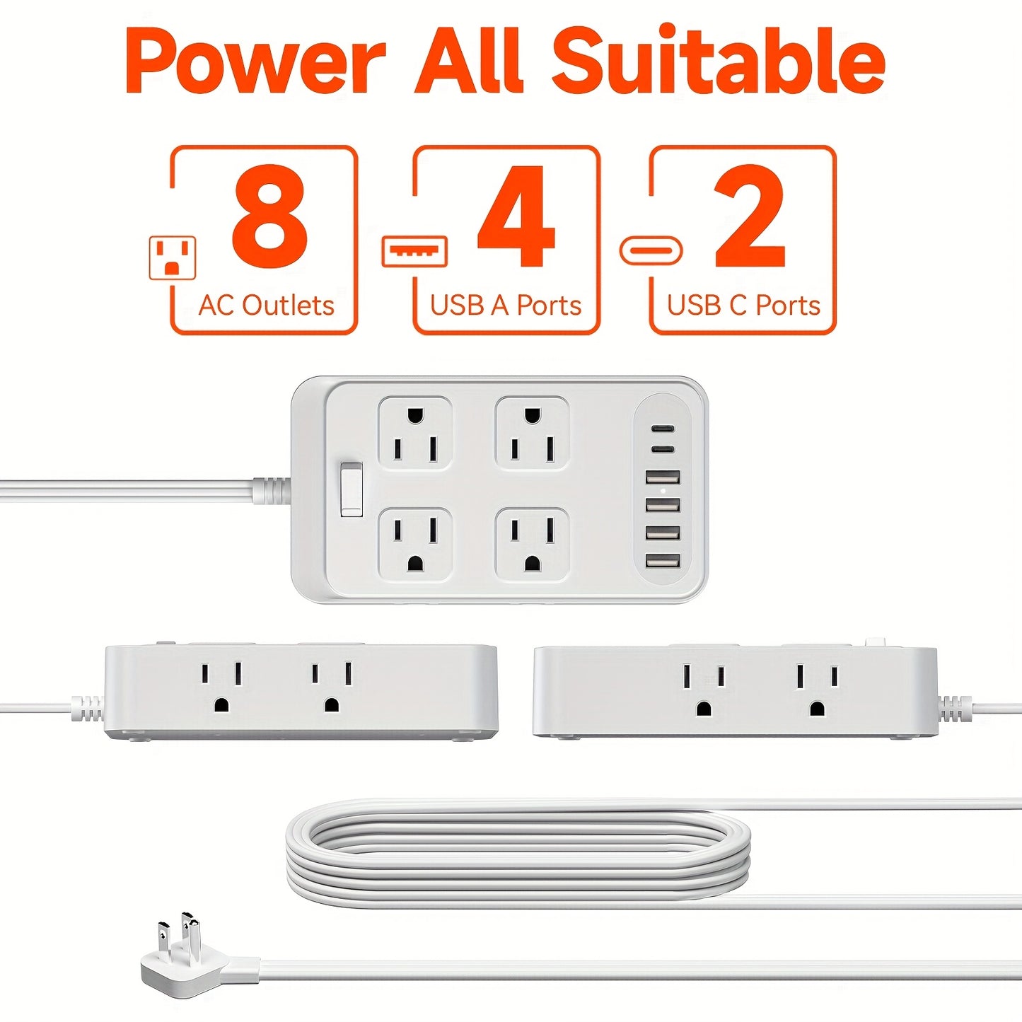 Compact Surge Protector Power Strip with 8 AC Outlets & 6 USB Ports (4 USB A & 2 USB C), 3-Inch Short Extension Cord, 45° Right Angle Flat Head Design for Home, Office, Dorm, and Travel, Dorm Room Organizer | Modern Tech Acc