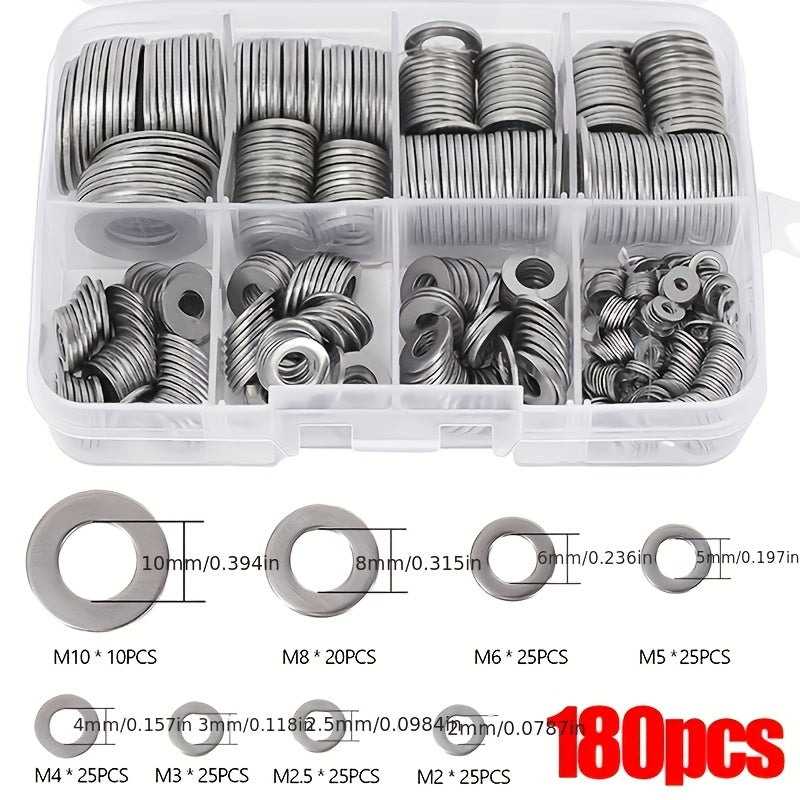 180pcs Stainless Steel Washer Ring Set, Polished Finish, M2-M10 Size, Easy Installation, Durable Material, Suitable For DIY Projects Machinery Electronics, Ideal Choice For Professionals And Enthusiasts