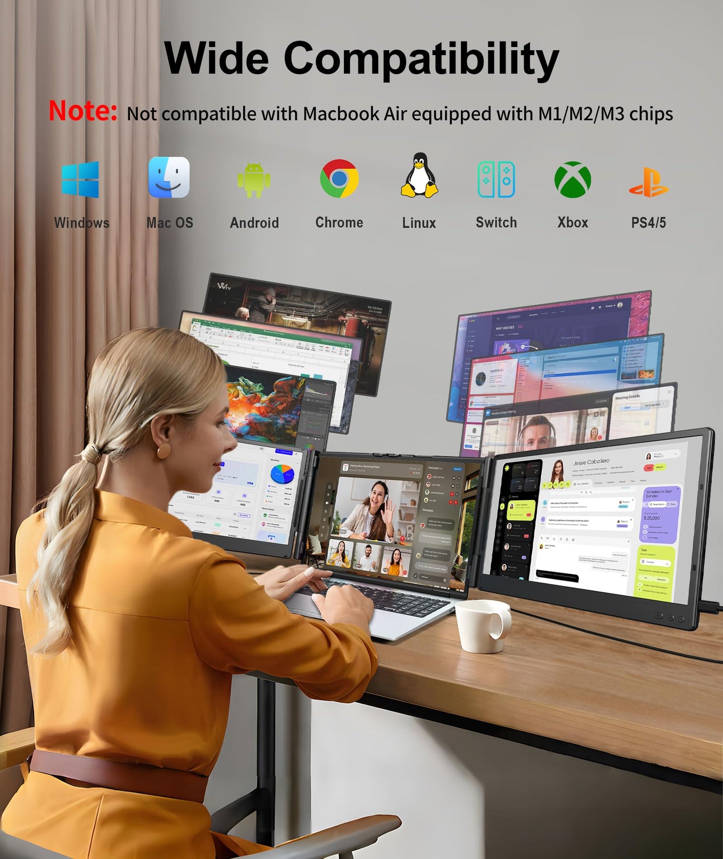 Laptop Screen Extender, 14" FHD 1080P Triple Portable Monitor, Plug & Play Screen Extender, Auto Adjust Width Dual Monitor for 13" - 17.3" Laptops, Compatible for MacOS/Wins/Chrome/Dex