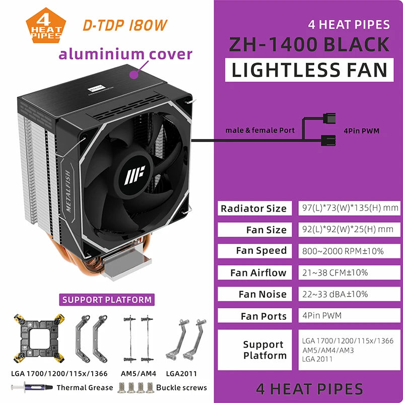 METALFISH ZH1400 CPU Cooler 4 HeatPipes 4PIN PWM Silent ARGB Fan For Intel 1700 1200 115X 1366 2011 AM5 AM4 AM3 x99 x79