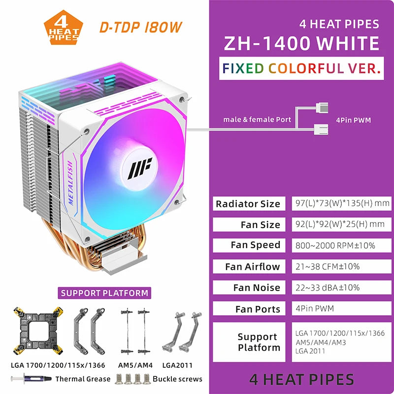 METALFISH ZH1400 CPU Cooler 4 HeatPipes 4PIN PWM Silent ARGB Fan For Intel 1700 1200 115X 1366 2011 AM5 AM4 AM3 x99 x79
