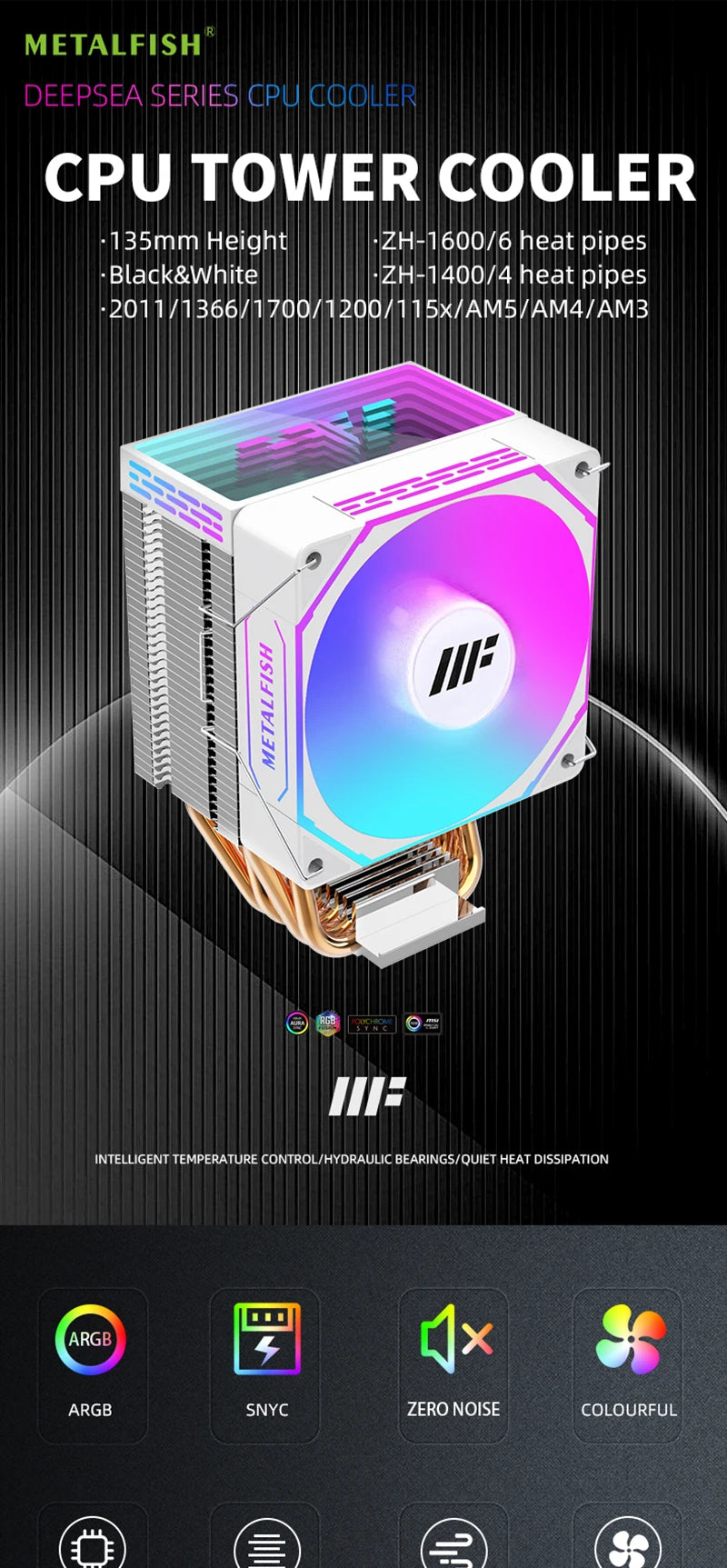 METALFISH ZH1400 CPU Cooler 4 HeatPipes 4PIN PWM Silent ARGB Fan For Intel 1700 1200 115X 1366 2011 AM5 AM4 AM3 x99 x79