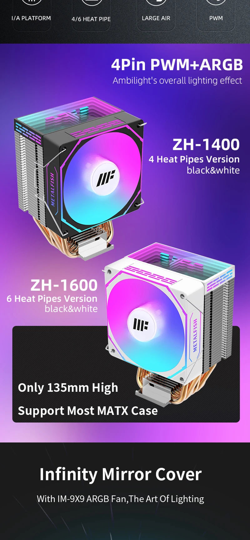 METALFISH ZH1400 CPU Cooler 4 HeatPipes 4PIN PWM Silent ARGB Fan For Intel 1700 1200 115X 1366 2011 AM5 AM4 AM3 x99 x79