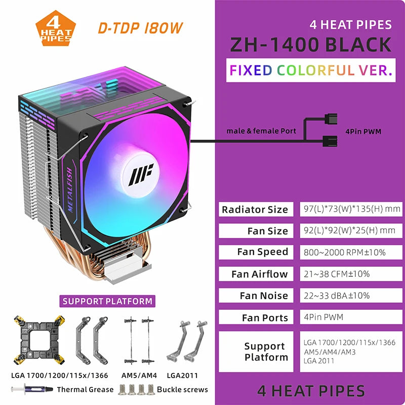 METALFISH ZH1400 CPU Cooler 4 HeatPipes 4PIN PWM Silent ARGB Fan For Intel 1700 1200 115X 1366 2011 AM5 AM4 AM3 x99 x79