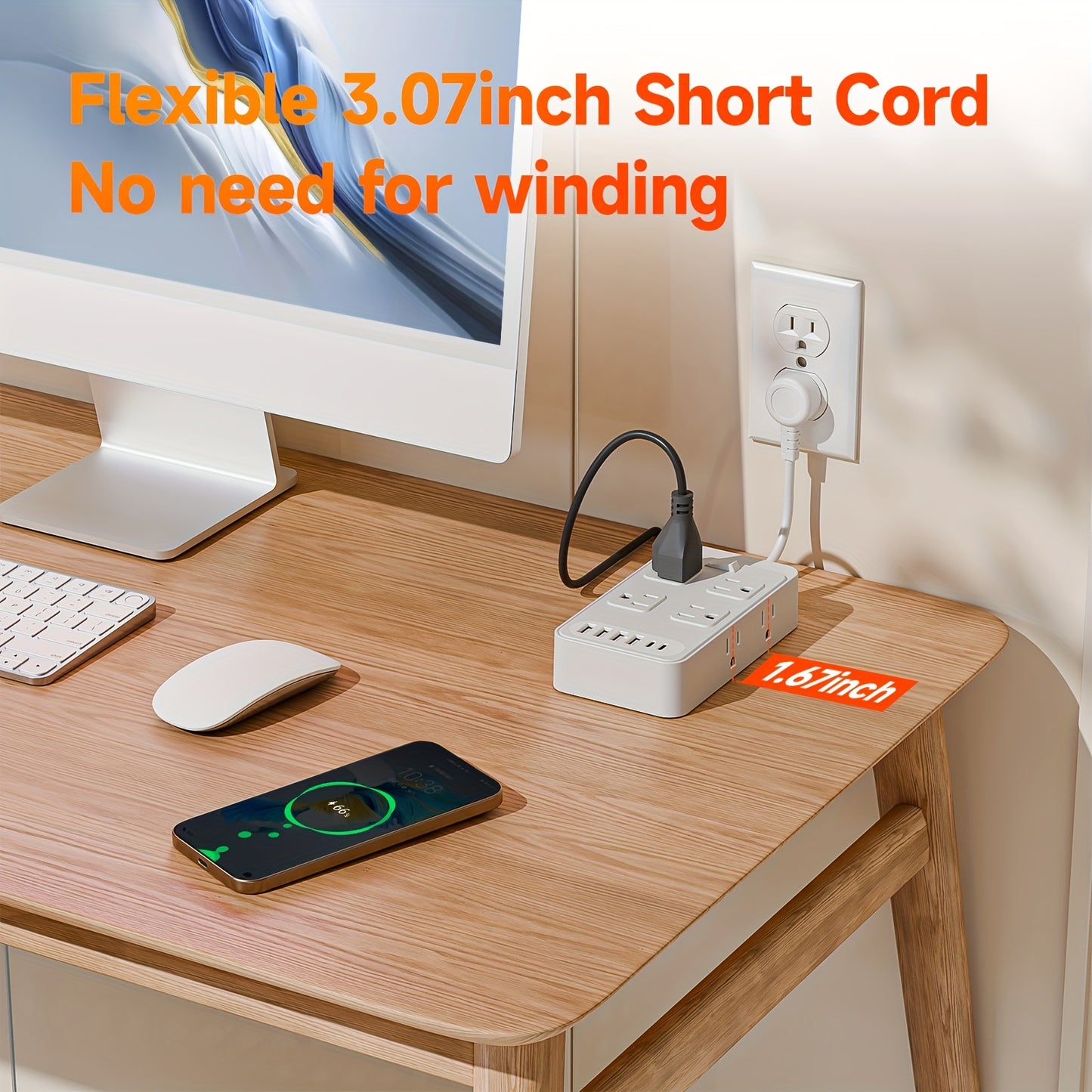 Compact Surge Protector Power Strip with 8 AC Outlets & 6 USB Ports (4 USB A & 2 USB C), 3-Inch Short Extension Cord, 45° Right Angle Flat Head Design for Home, Office, Dorm, and Travel, Dorm Room Organizer | Modern Tech Acc