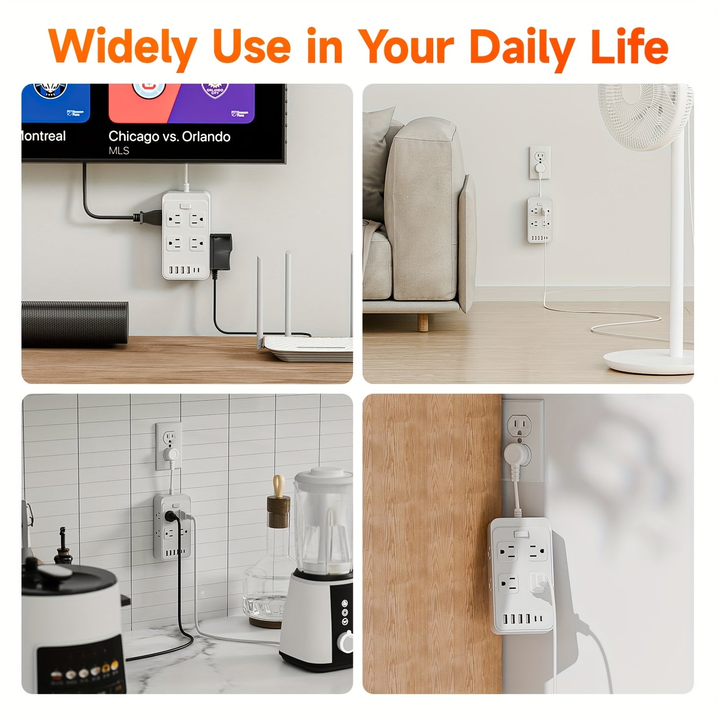 Compact Surge Protector Power Strip with 8 AC Outlets & 6 USB Ports (4 USB A & 2 USB C), 3-Inch Short Extension Cord, 45° Right Angle Flat Head Design for Home, Office, Dorm, and Travel, Dorm Room Organizer | Modern Tech Acc