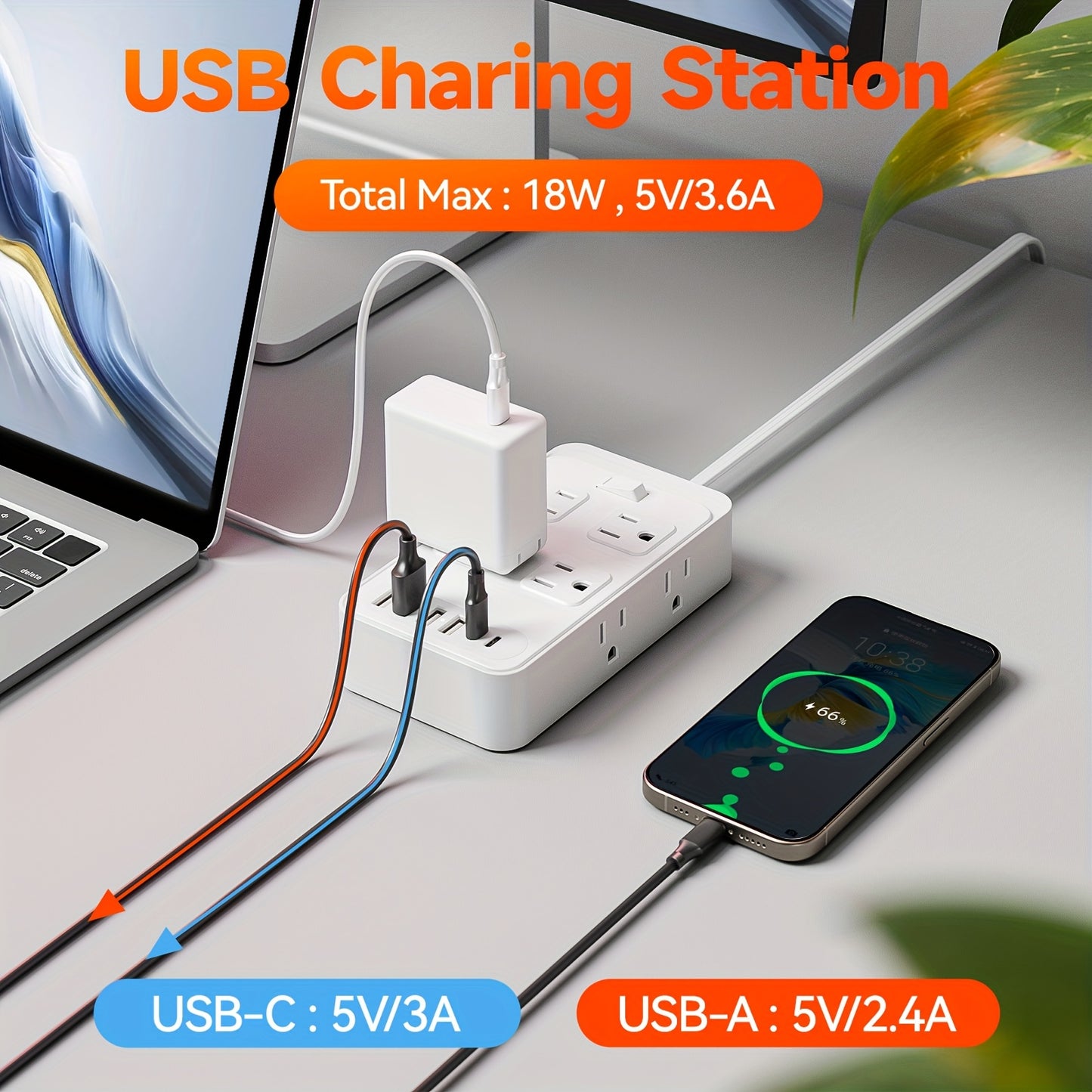 Compact Surge Protector Power Strip with 8 AC Outlets & 6 USB Ports (4 USB A & 2 USB C), 3-Inch Short Extension Cord, 45° Right Angle Flat Head Design for Home, Office, Dorm, and Travel, Dorm Room Organizer | Modern Tech Acc