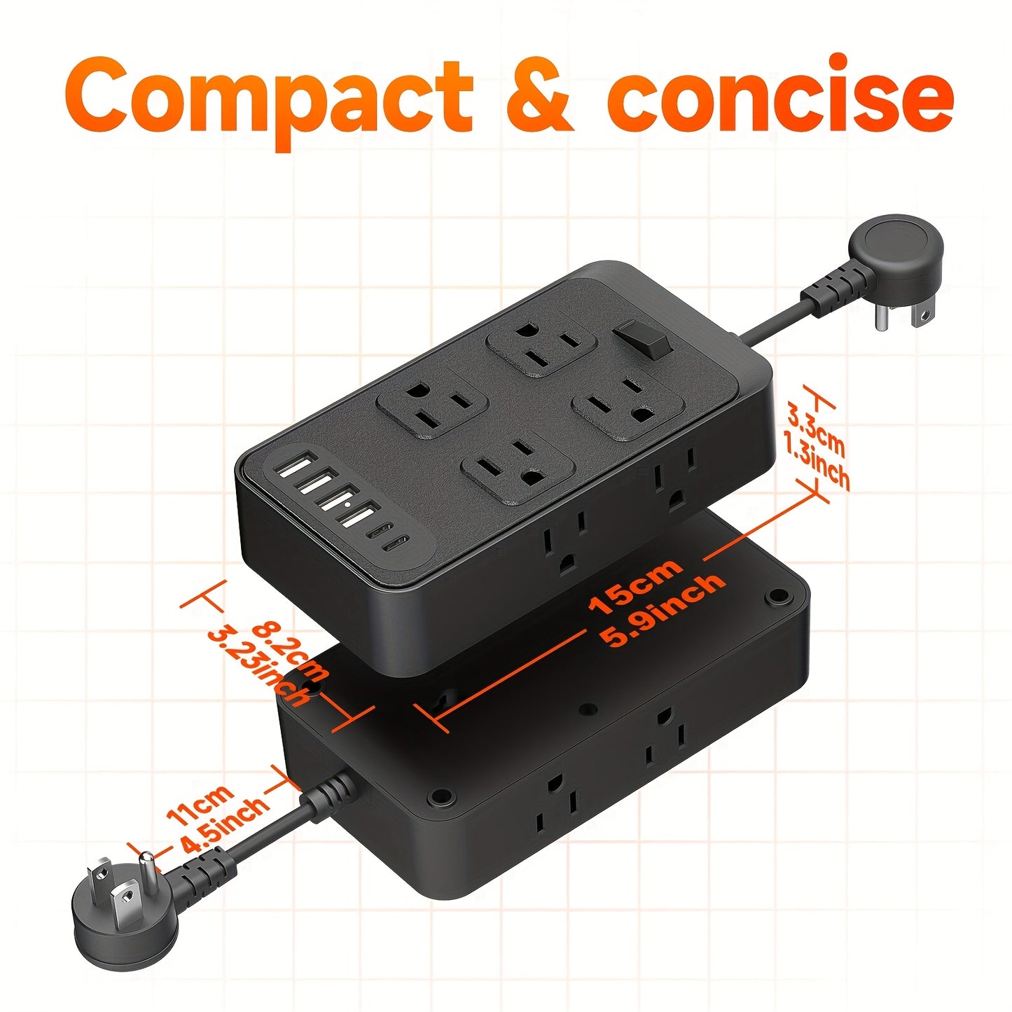 Compact Surge Protector Power Strip with 8 AC Outlets & 6 USB Ports (4 USB A & 2 USB C), 3-Inch Short Extension Cord, 45° Right Angle Flat Head Design for Home, Office, Dorm, and Travel, Dorm Room Organizer | Modern Tech Acc
