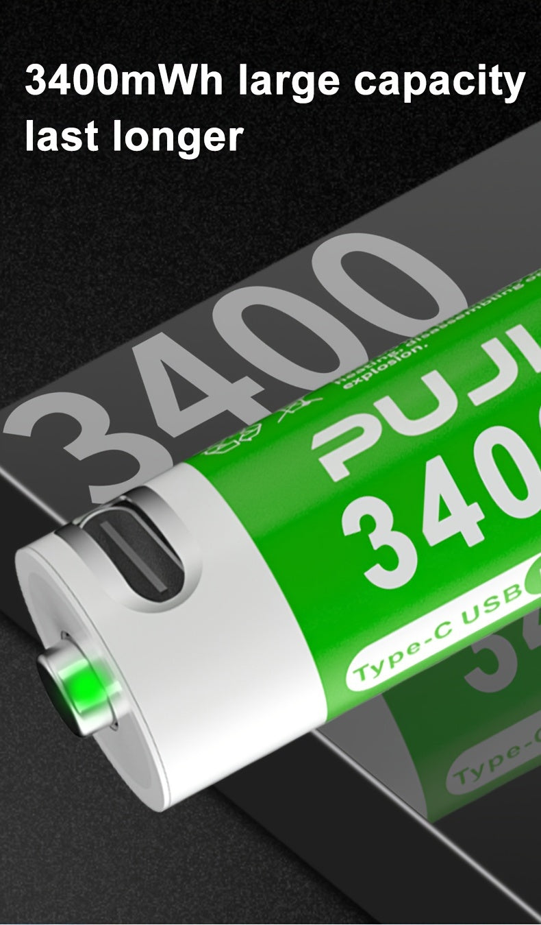 PUJIMAX 1. 5V AA 3400mWh Rechargeable Batteries, 2pcs/4pcs/8pcs Set, Fast Type-C Charging, Long-Lasting Power for Electronics, Rechargeable Electronics | Green Battery Design | Durable Battery, PUJIMAX