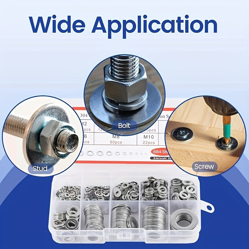 180pcs Stainless Steel Washer Ring Set, Polished Finish, M2-M10 Size, Easy Installation, Durable Material, Suitable For DIY Projects Machinery Electronics, Ideal Choice For Professionals And Enthusiasts