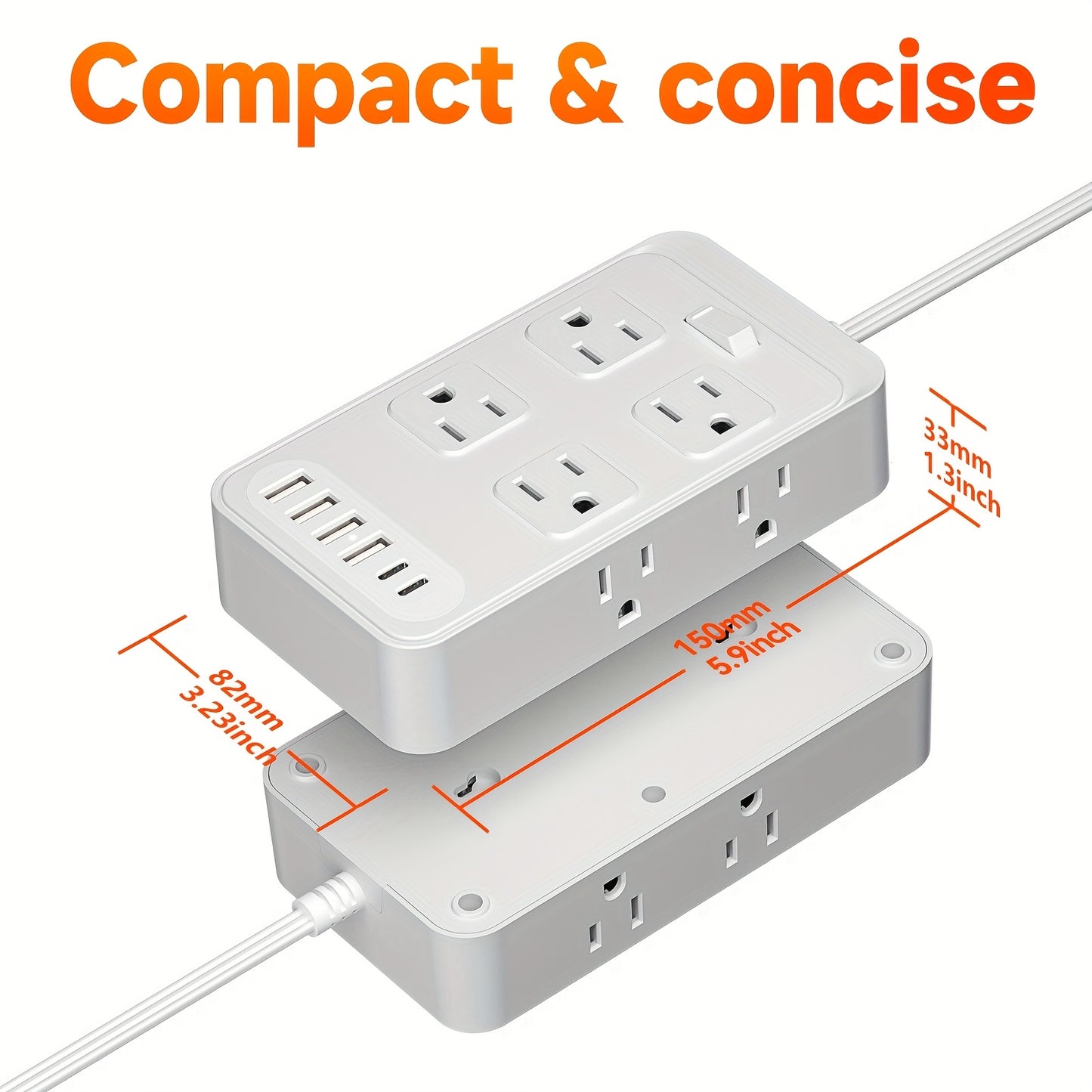 Compact Surge Protector Power Strip with 8 AC Outlets & 6 USB Ports (4 USB A & 2 USB C), 3-Inch Short Extension Cord, 45° Right Angle Flat Head Design for Home, Office, Dorm, and Travel, Dorm Room Organizer | Modern Tech Acc