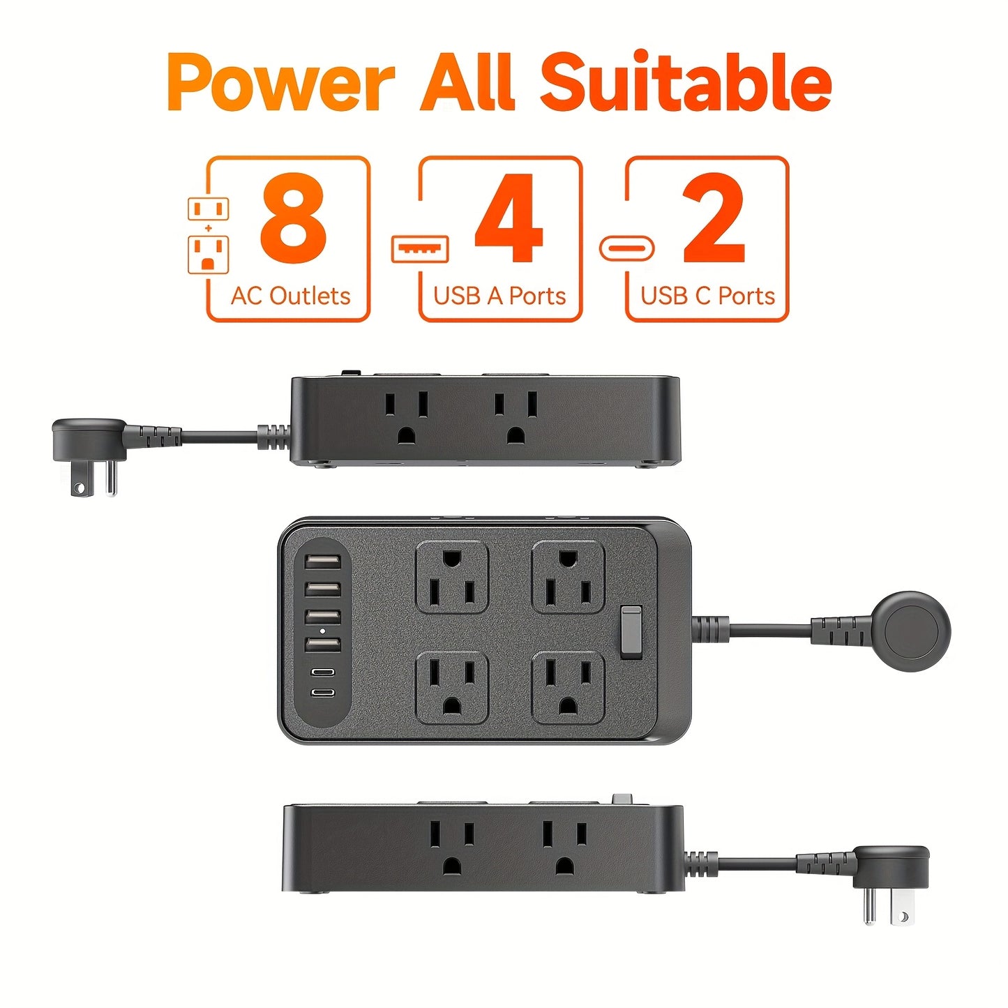 Compact Surge Protector Power Strip with 8 AC Outlets & 6 USB Ports (4 USB A & 2 USB C), 3-Inch Short Extension Cord, 45° Right Angle Flat Head Design for Home, Office, Dorm, and Travel, Dorm Room Organizer | Modern Tech Acc