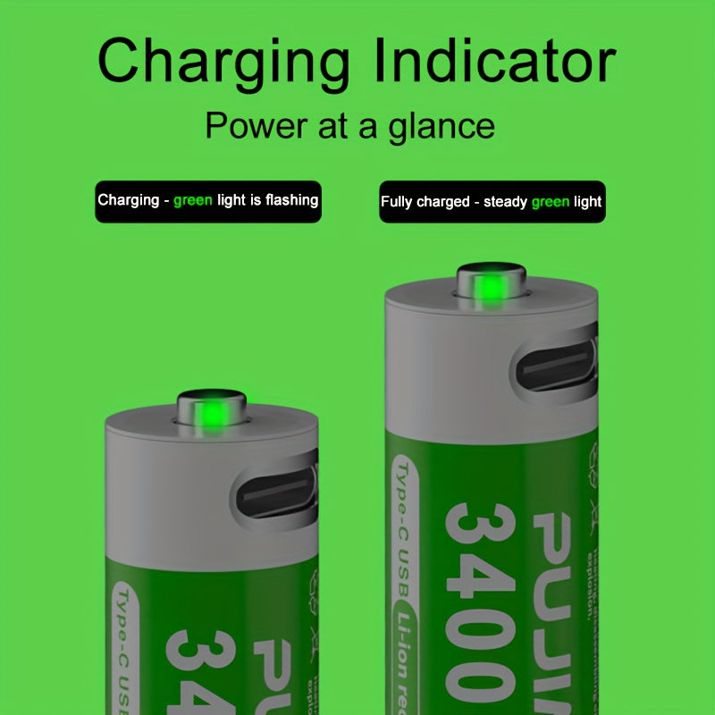 PUJIMAX 1. 5V AA 3400mWh Rechargeable Batteries, 2pcs/4pcs/8pcs Set, Fast Type-C Charging, Long-Lasting Power for Electronics, Rechargeable Electronics | Green Battery Design | Durable Battery, PUJIMAX