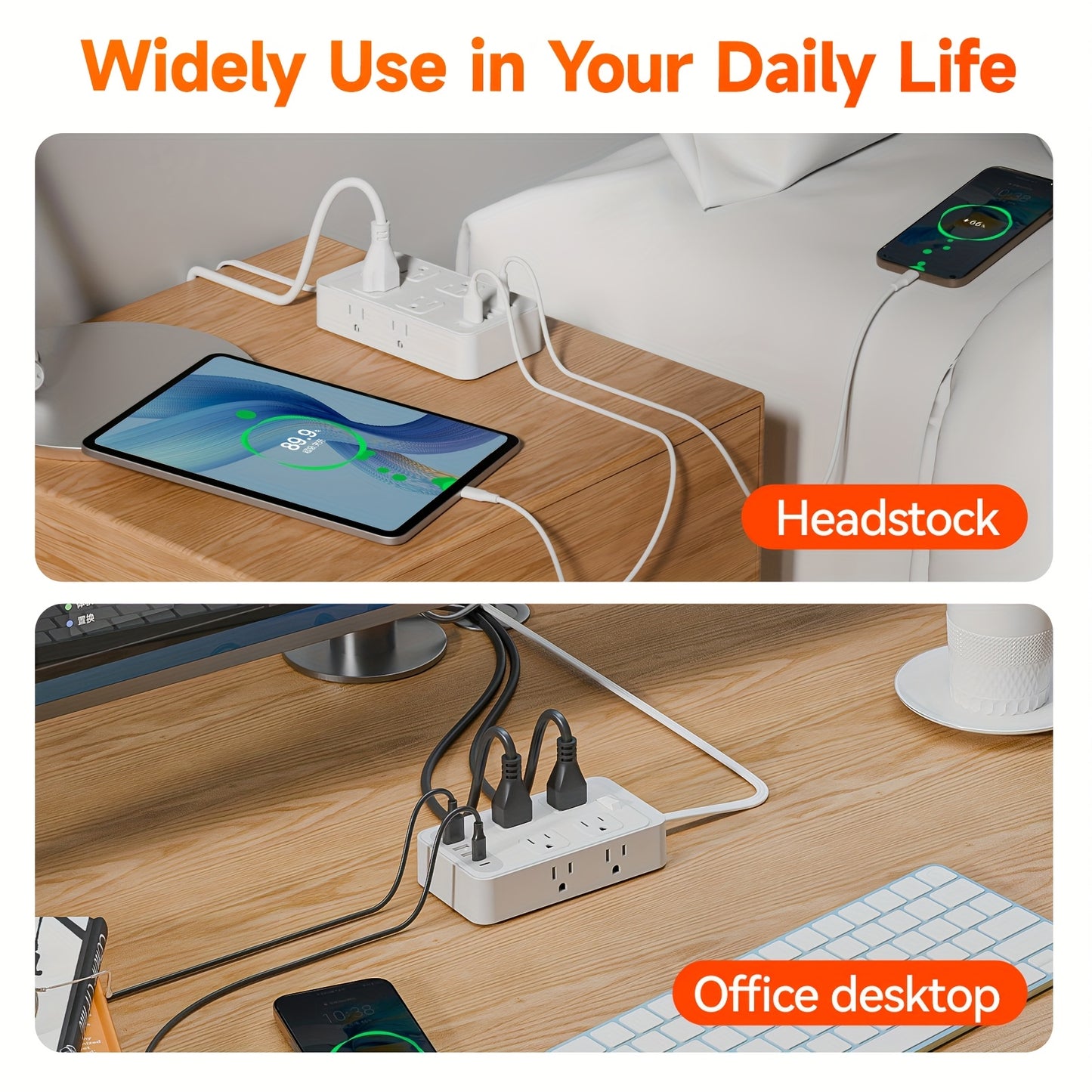 Compact Surge Protector Power Strip with 8 AC Outlets & 6 USB Ports (4 USB A & 2 USB C), 3-Inch Short Extension Cord, 45° Right Angle Flat Head Design for Home, Office, Dorm, and Travel, Dorm Room Organizer | Modern Tech Acc